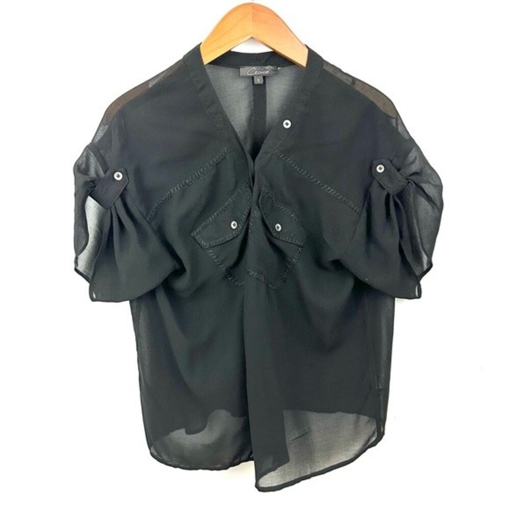 Cecico Black See-Through Button-Front Blouse Size Small Coastal Summer Chic
